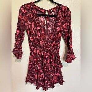 Free people Boho wine floral all the right ruffles romper long sleeves
